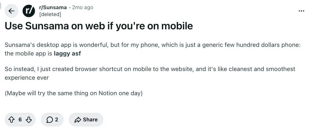 User feedback on the Sunsama subreddit comparing desktop and mobile usage.