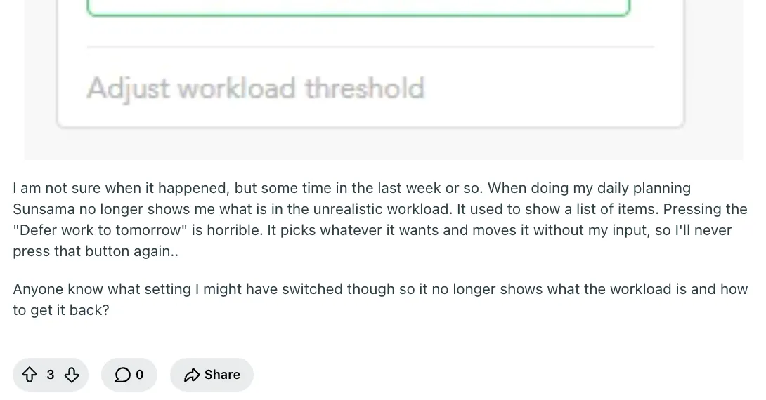 Screenshot of a user review detailing an issue with the Sunsama planner app.