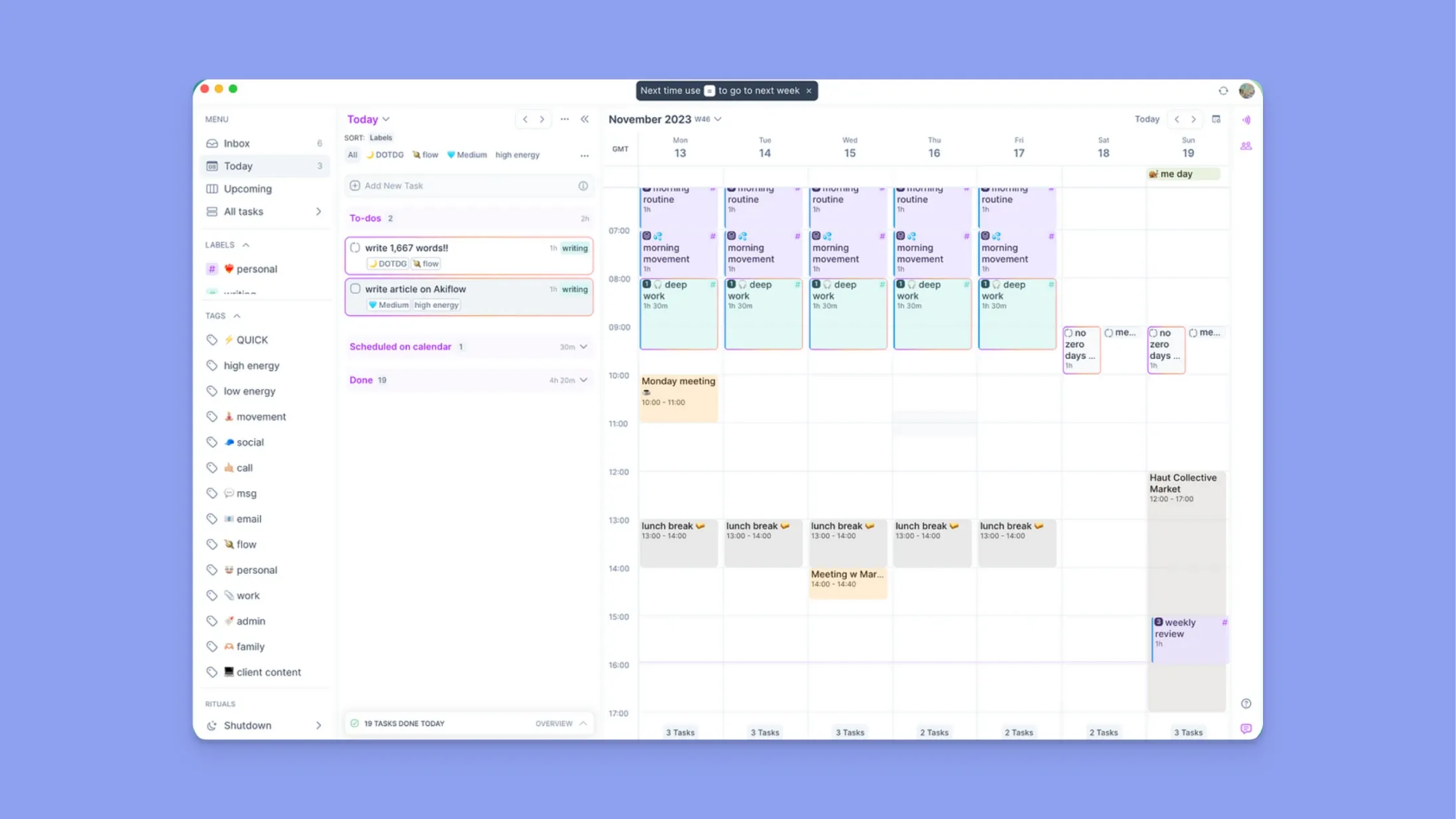 Akiflow calendar interface showing time blocking schedule and sidebar task lists.
