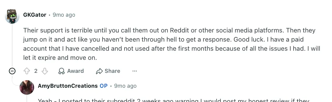 Reddit comment screenshot detailing a negative Akiflow customer support experience.