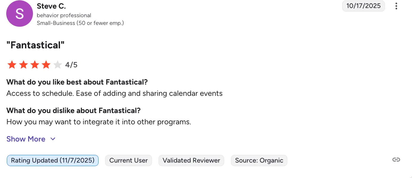 Four-star user review screenshot for Fantastical calendar event management.