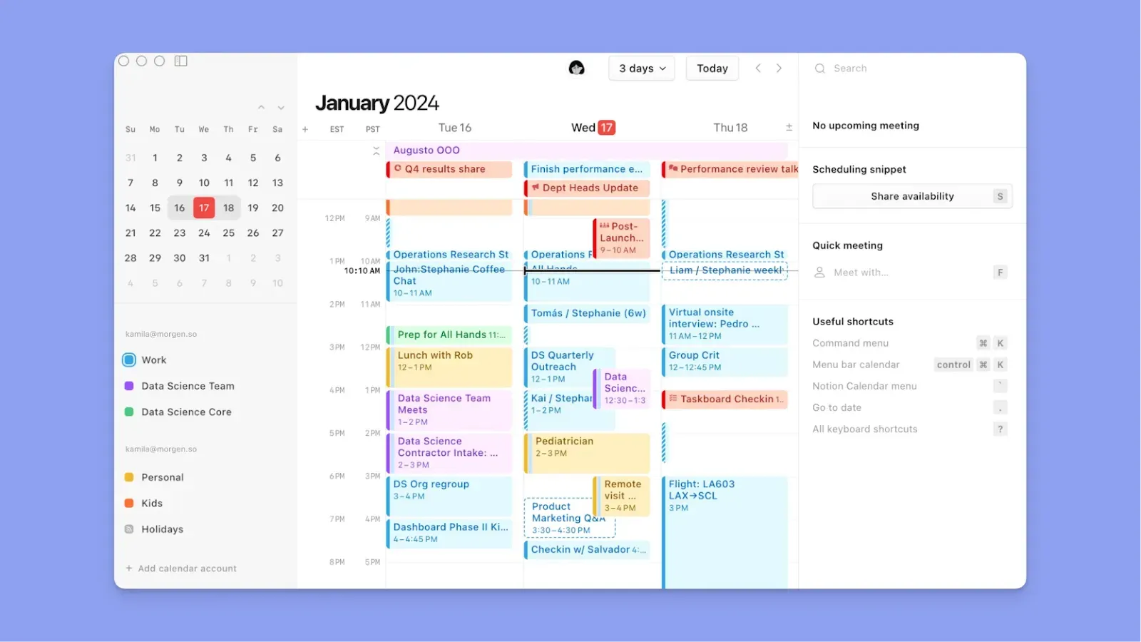 Notion Calendar weekly view showing color-coded events and sidebar shortcuts.