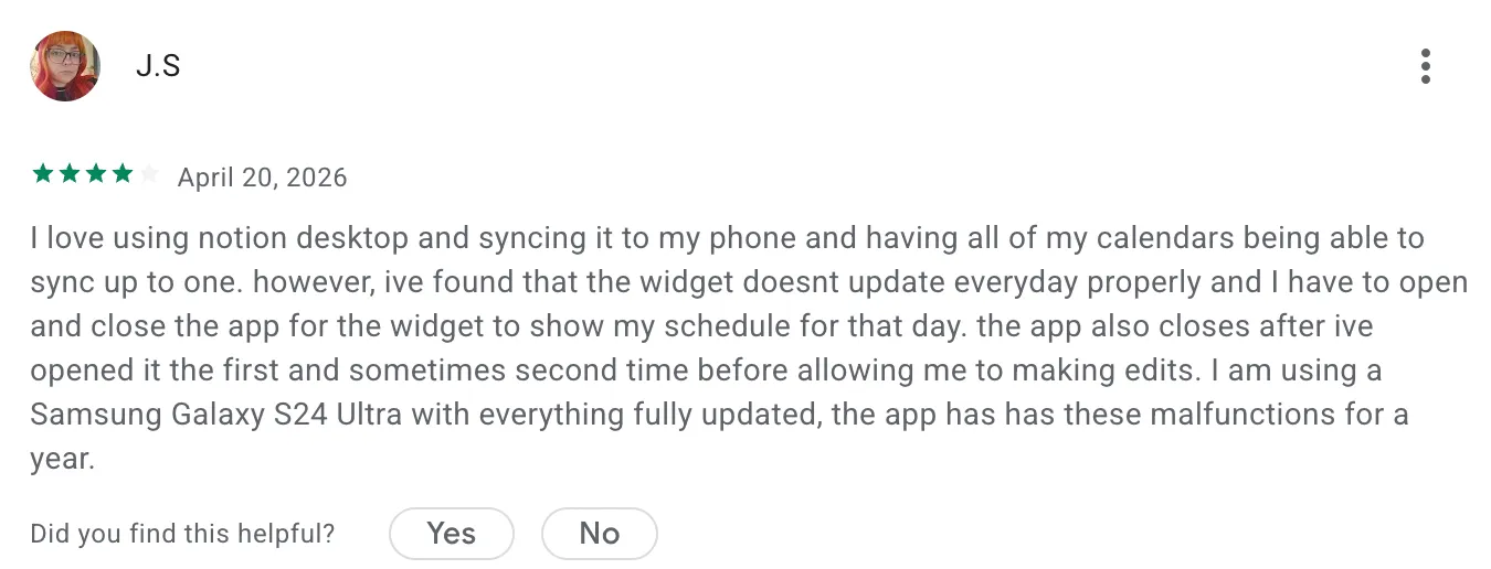 User feedback by J.S. regarding mobile syncing issues on Notion Calendar
