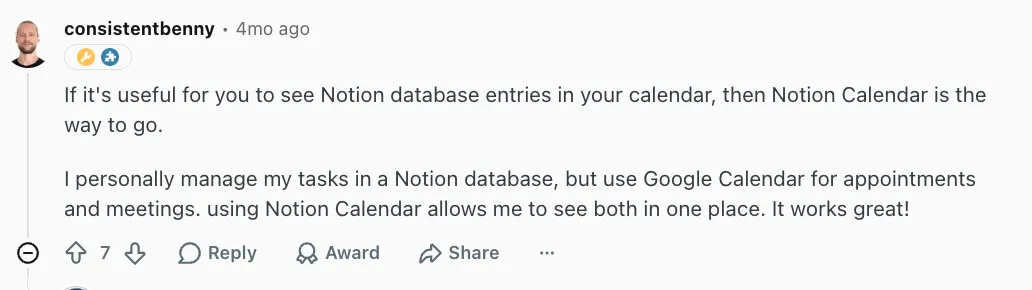 User review by consistentbenny on syncing Notion databases with Google Calendar.