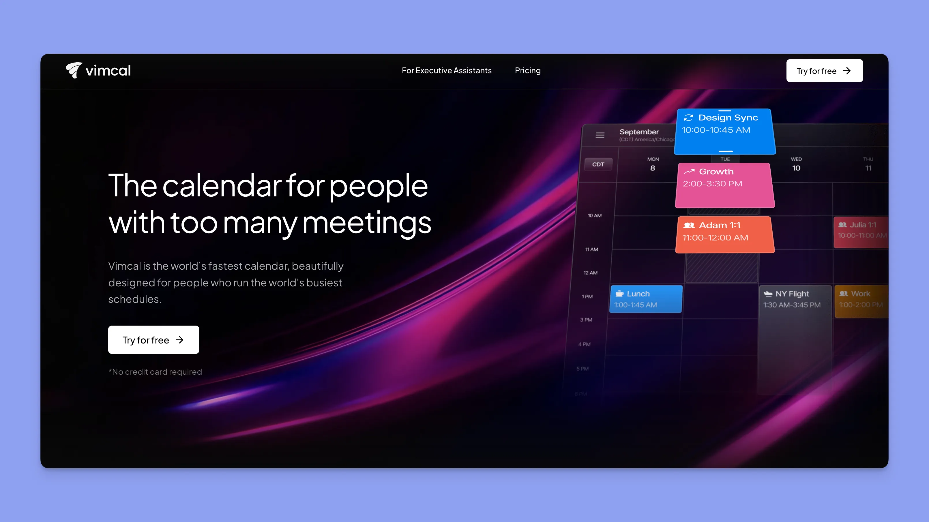 Vimcal homepage displaying the software interface and calendar schedule blocks.