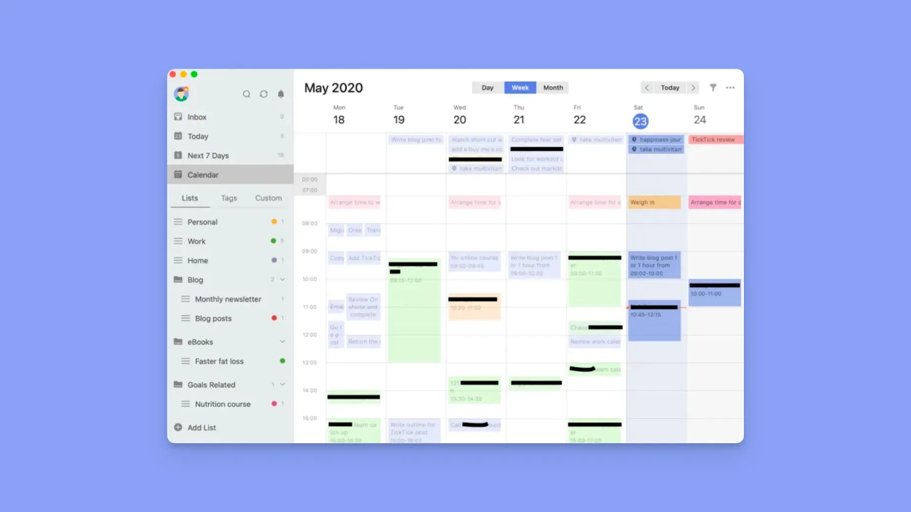TickTick weekly calendar interface showing scheduled tasks and a sidebar list.