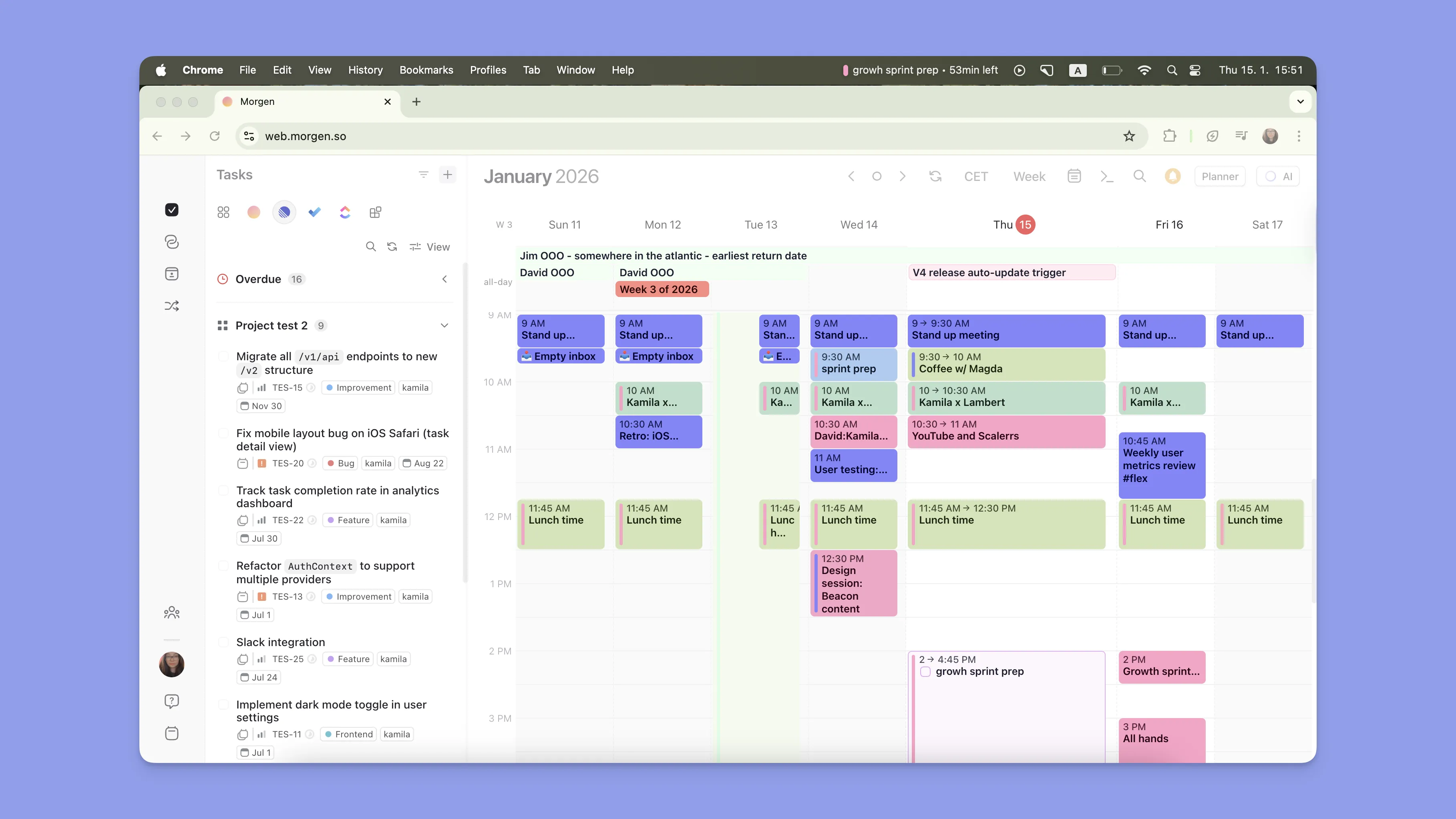 Weekly schedule time blocking and task management sidebar in Morgen web app.