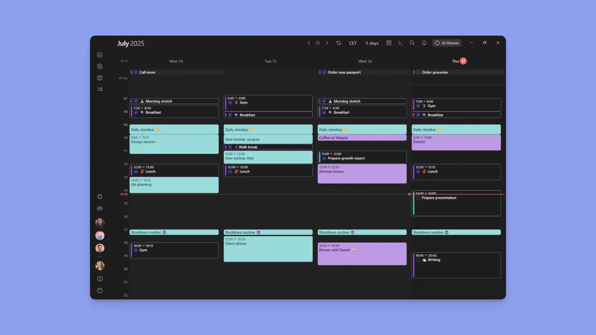 Color-coded calendar events and daily time blocking routines in Morgen app.