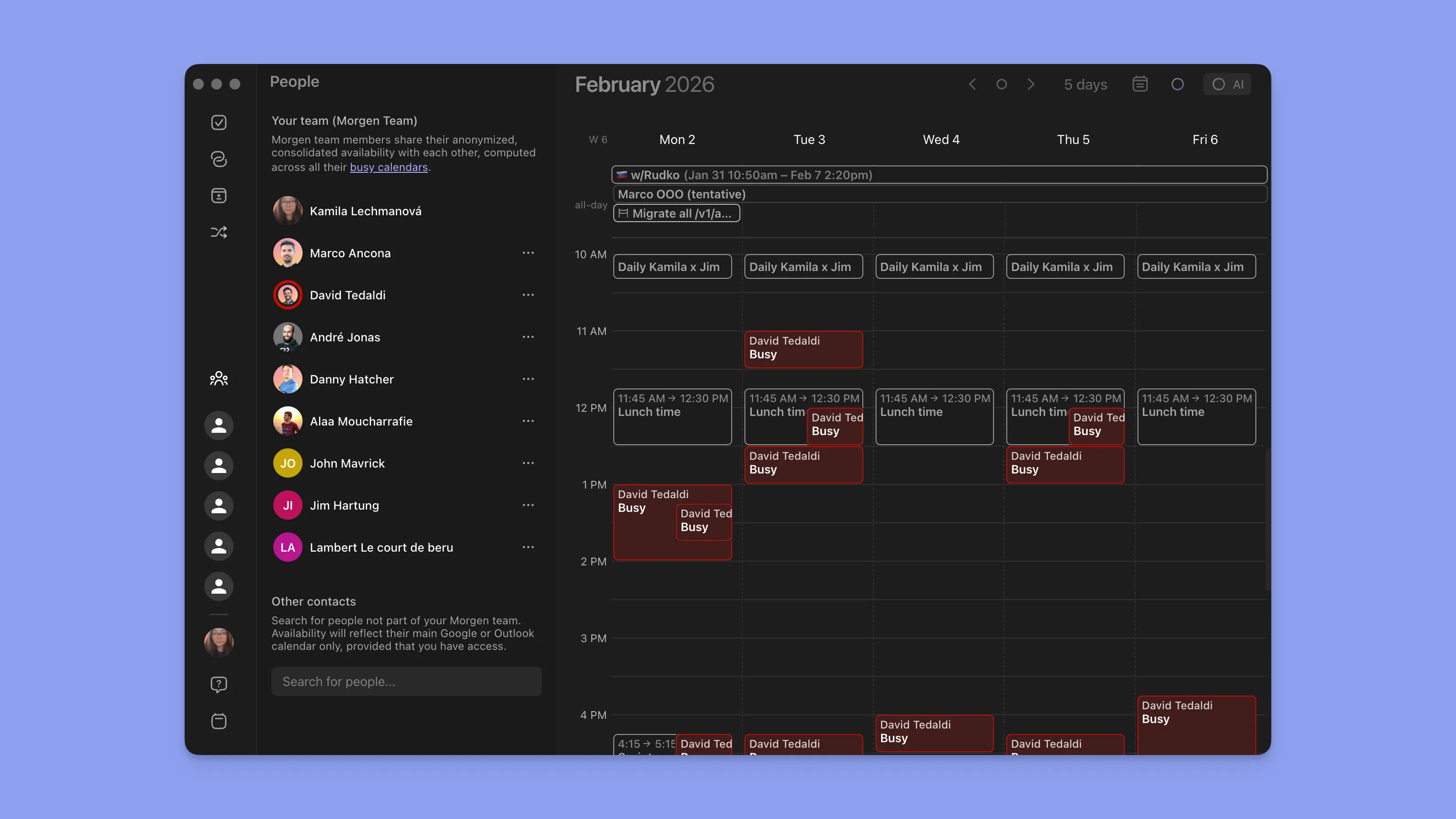 Overlaying shared team member schedules to find open meeting times in Morgen.