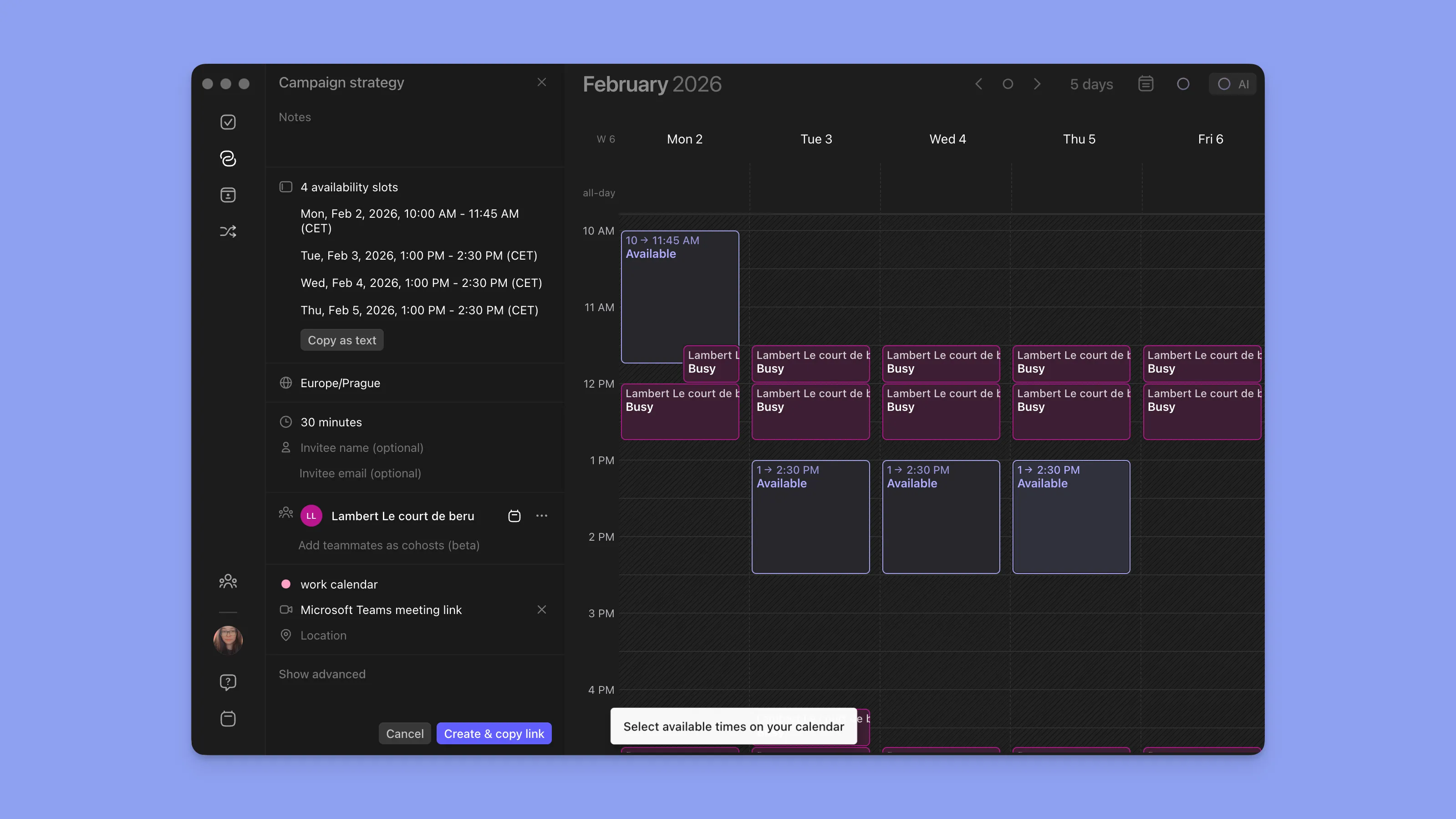 Selecting open meeting booking slots and availability links inside the Morgen app.
