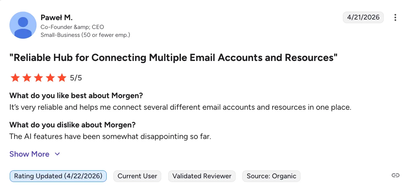 Five-star user review screenshot praising Morgen account integration features.