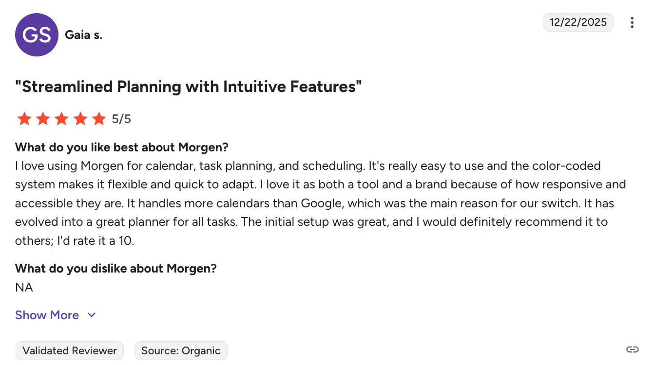 Five-star user review screenshot praising Morgen intuitive planning features.