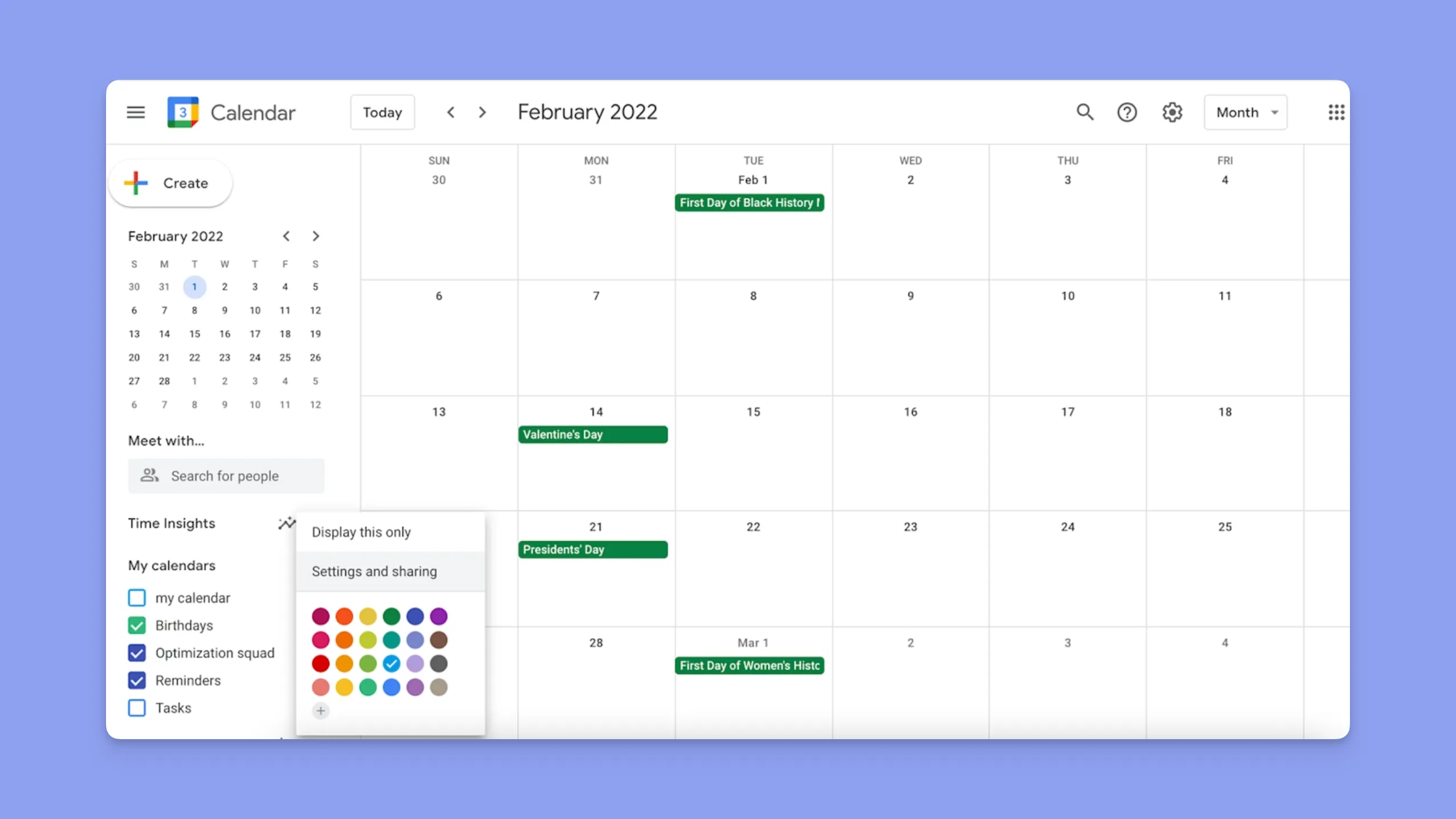 Monthly schedule view and color customization settings in Google Calendar app.