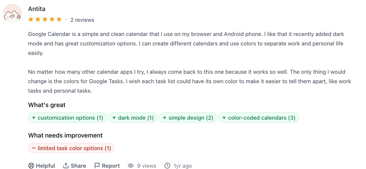 User feedback by Antita praising color-coded schedules in Google Calendar.