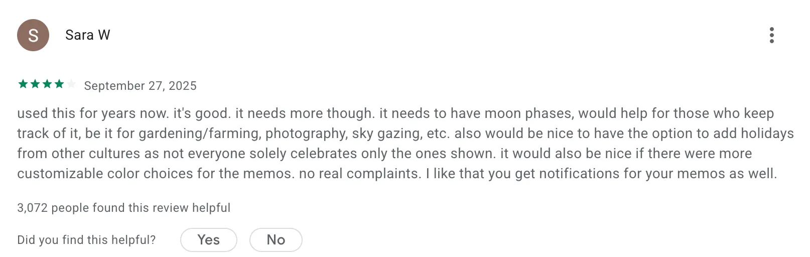 Four-star Google Calendar app review requesting features like moon phases.
