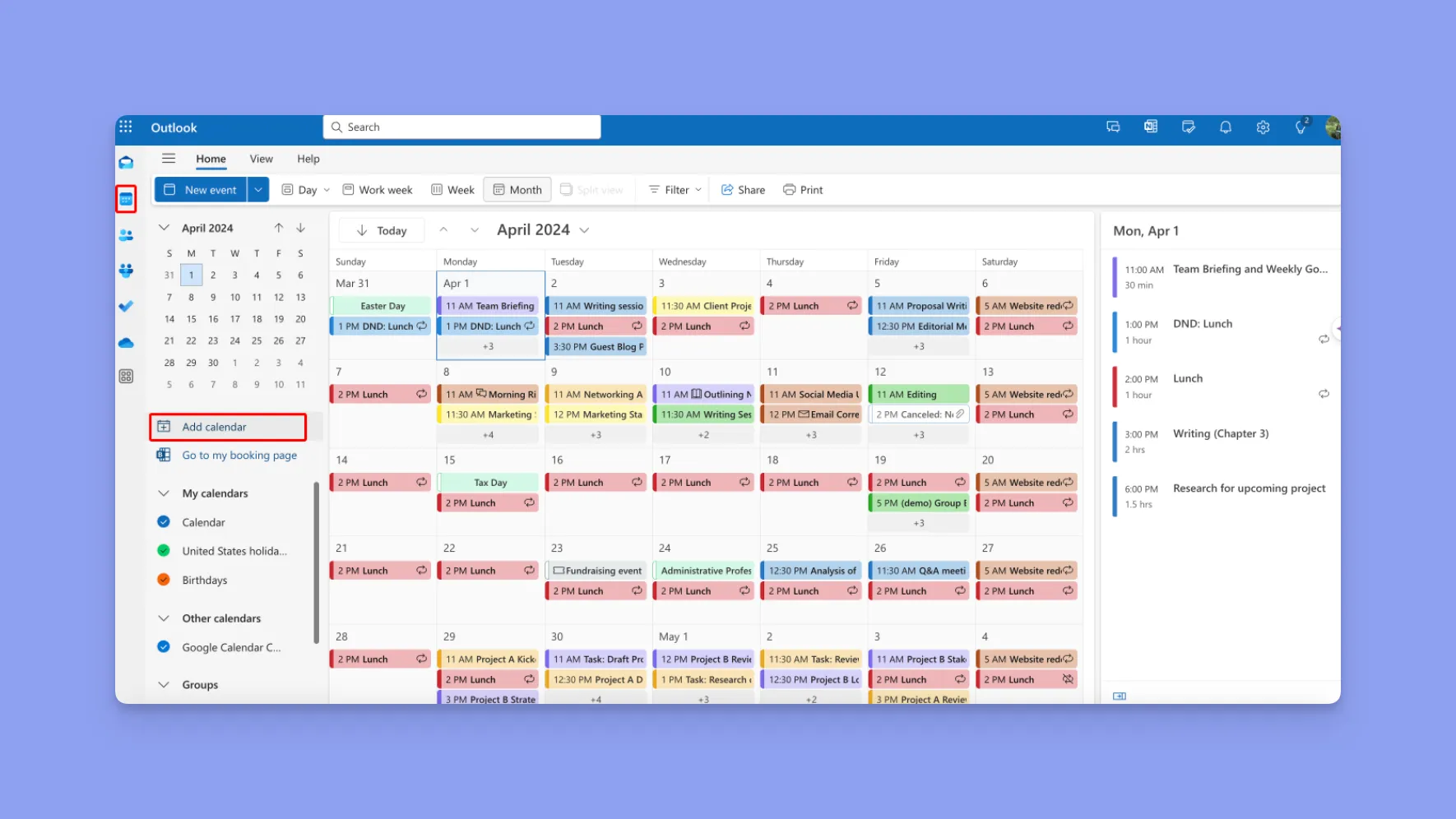 Monthly scheduling dashboard and daily agenda sidebar in Microsoft Outlook.