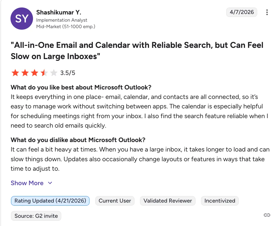 Microsoft Outlook review screenshot evaluating email and calendar search tools.