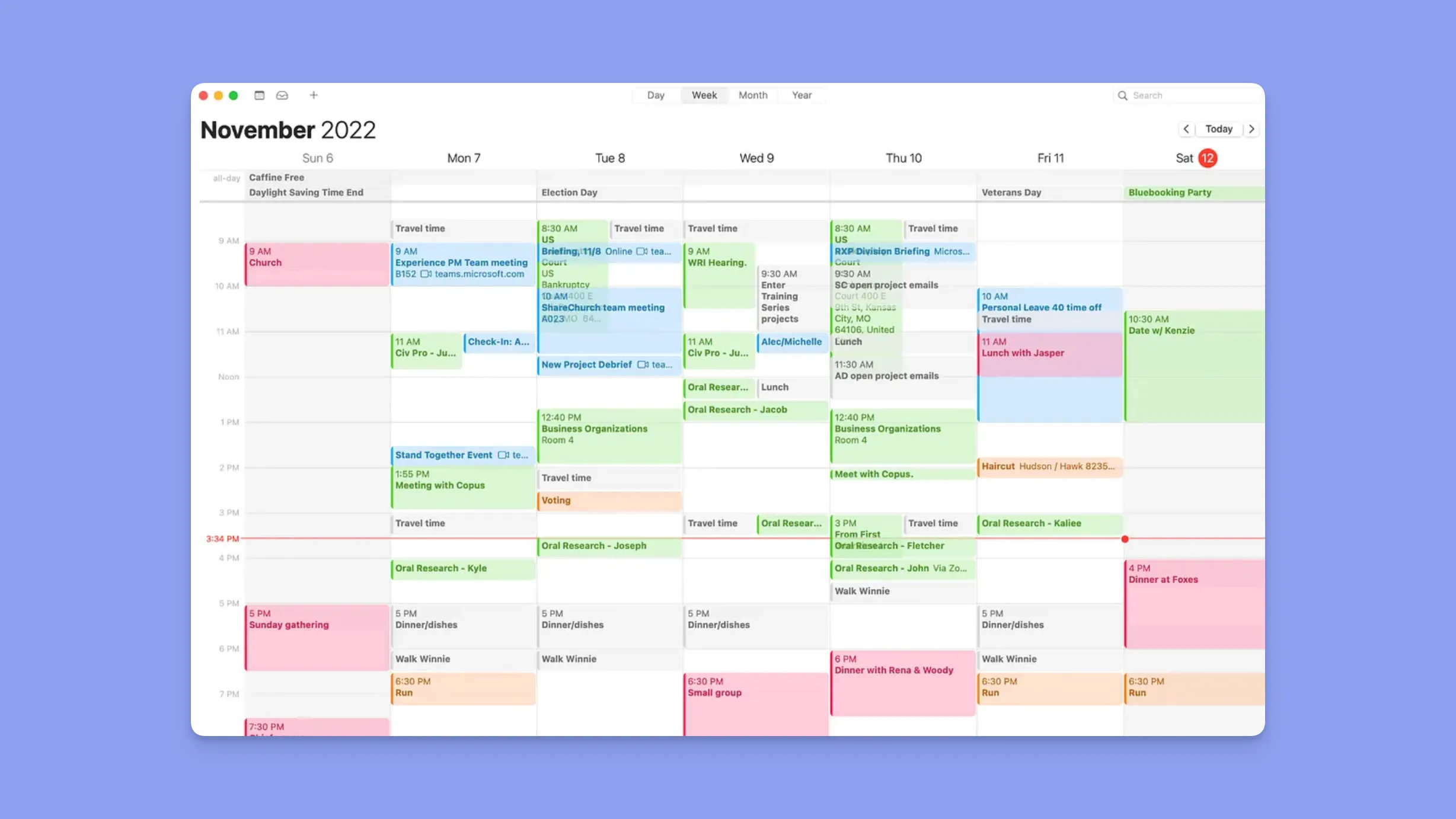 Apple Calendar weekly dashboard interface displaying a colorful timeline schedule.