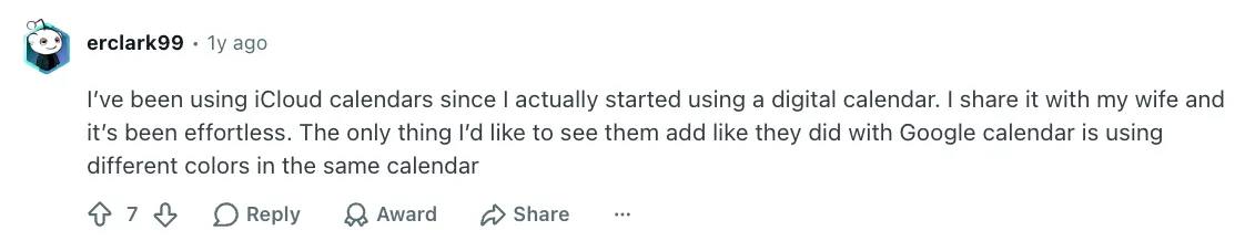 User review by erclark99 discussing shared iCloud calendar functionality.