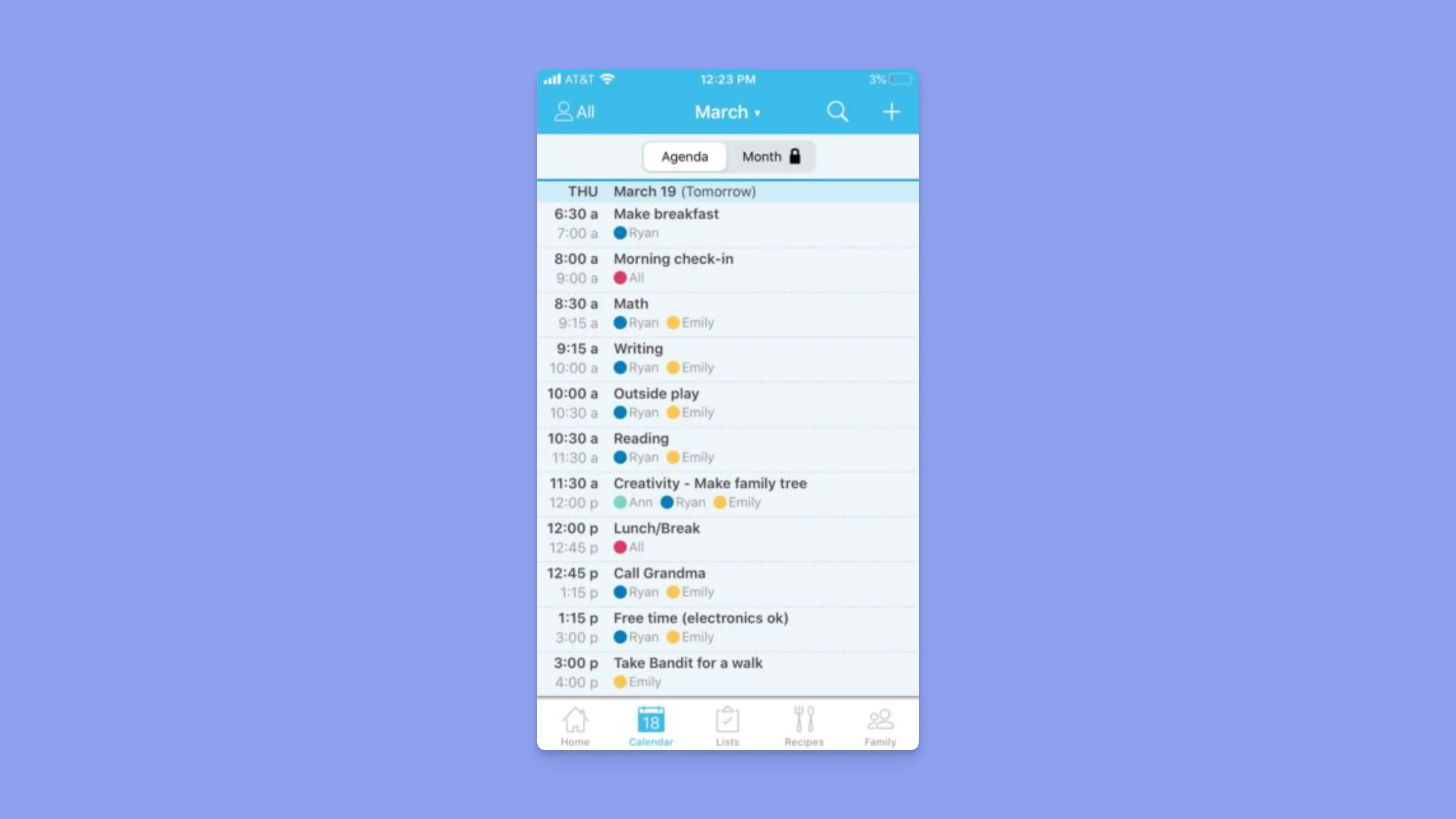 Cozi mobile app interface showing a color-coded daily family agenda schedule.