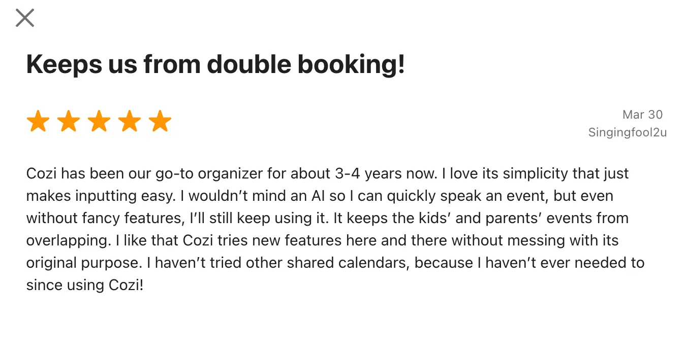 Five-star Cozi app review snippet highlighting family schedule coordination