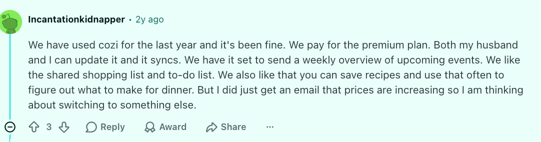 Online forum post screenshot reviewing the Cozi premium plan features.