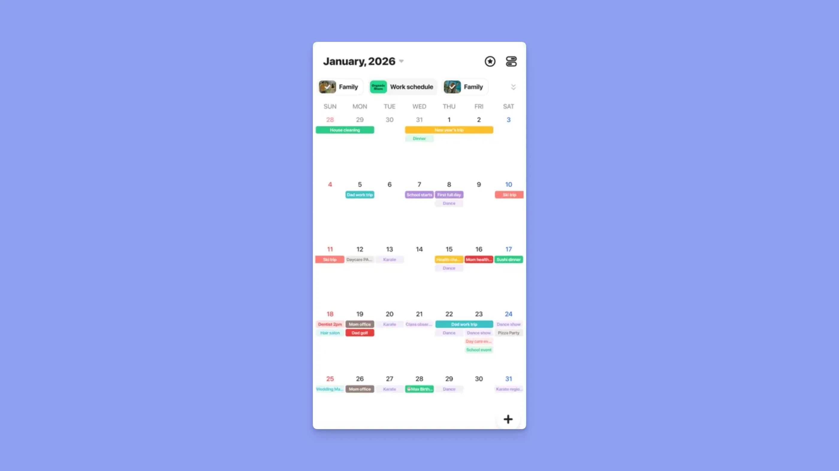 TimeTree mobile app layout showing a color-coded monthly shared calendar.