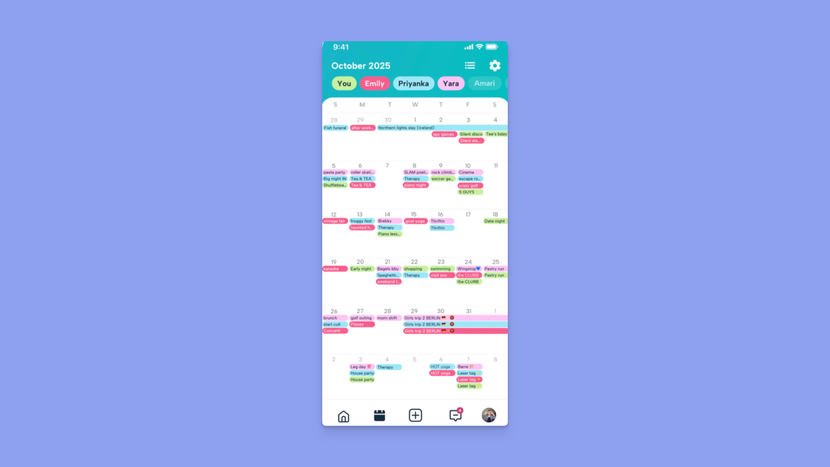 Howbout mobile app layout showing a color-coded monthly friend group calendar.