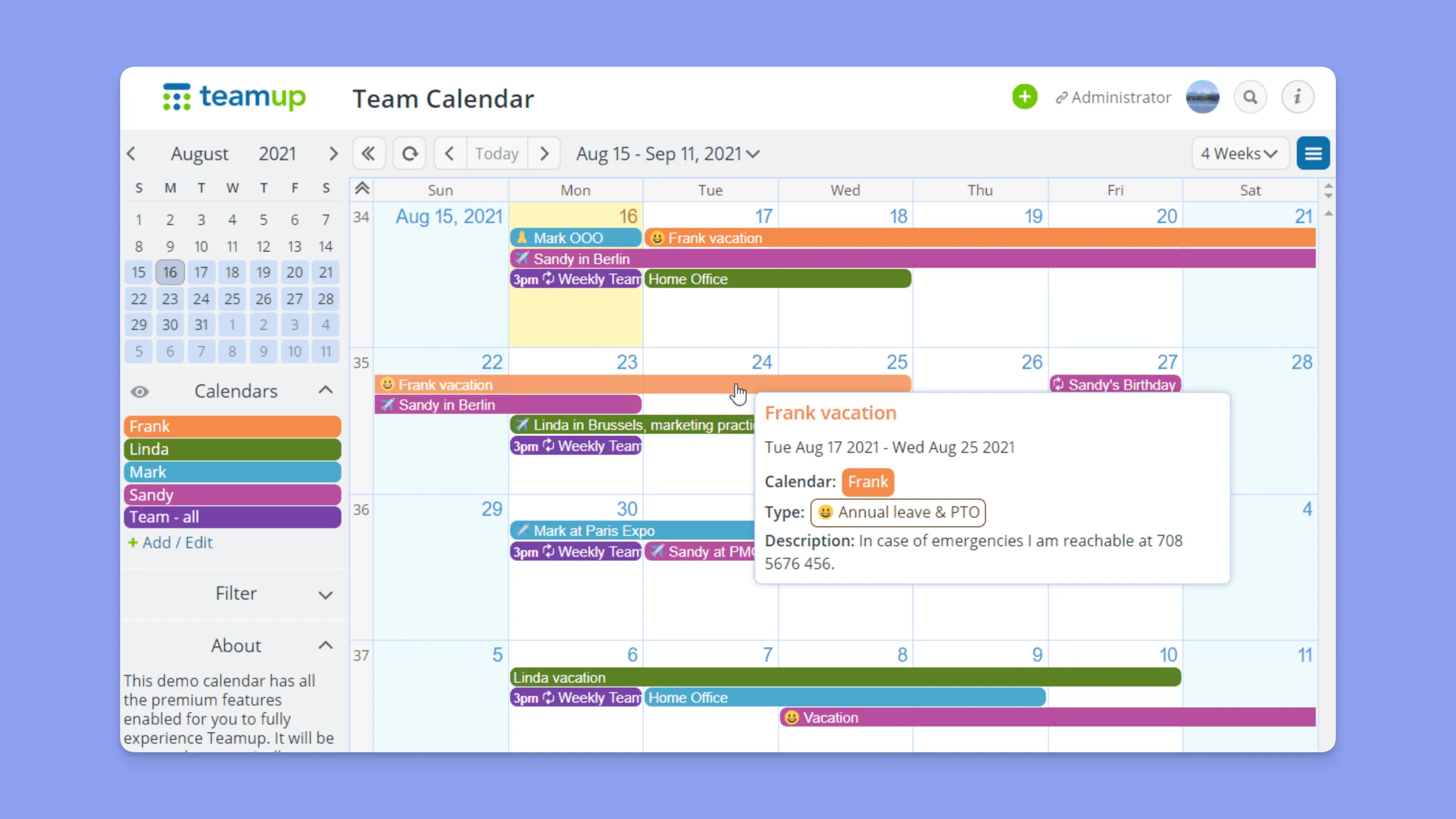 Teamup desktop calendar interface displaying a color-coded group schedule.