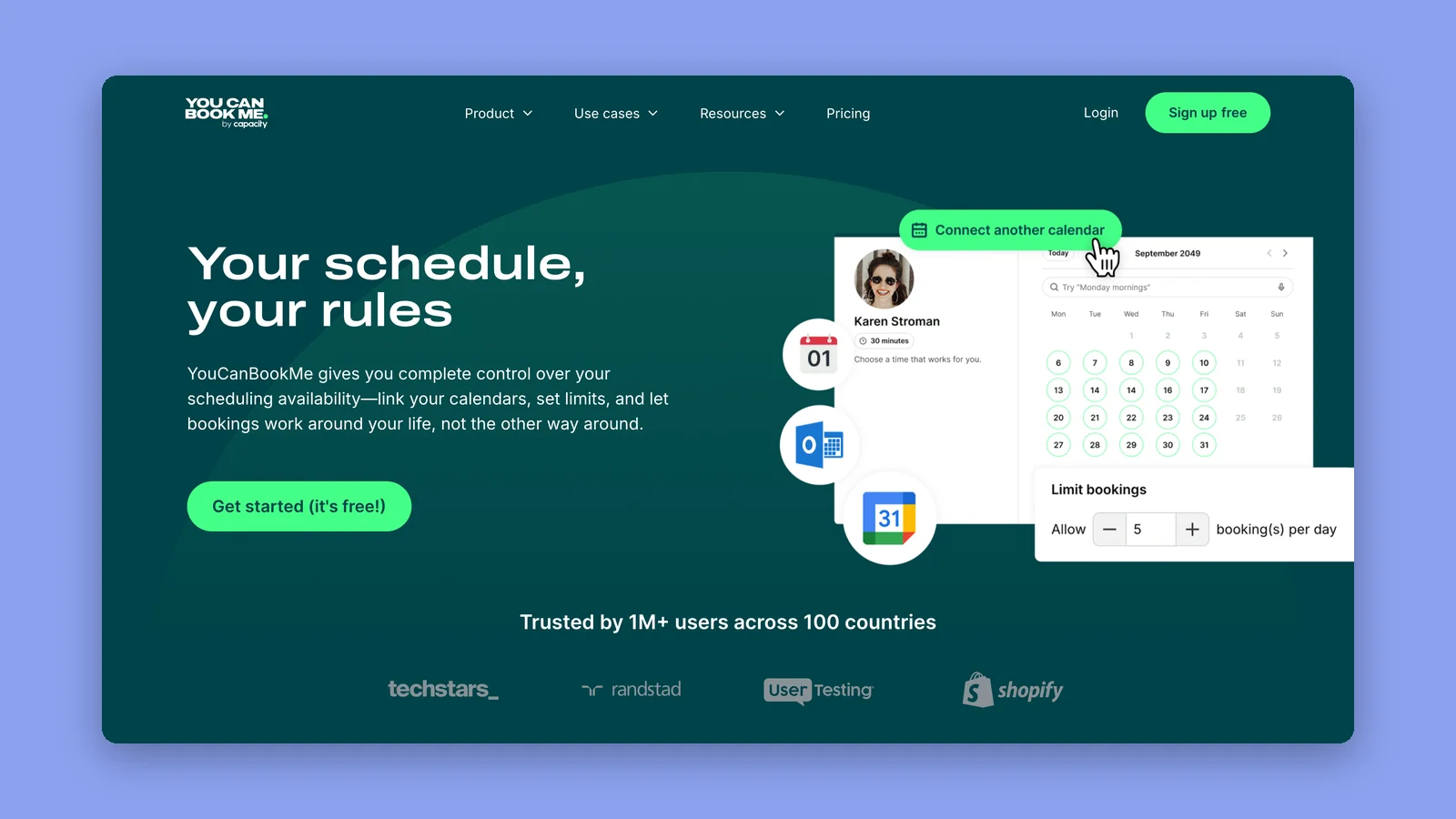 YouCanBookMe booking page showing calendar connections, a date picker, and daily booking limits.