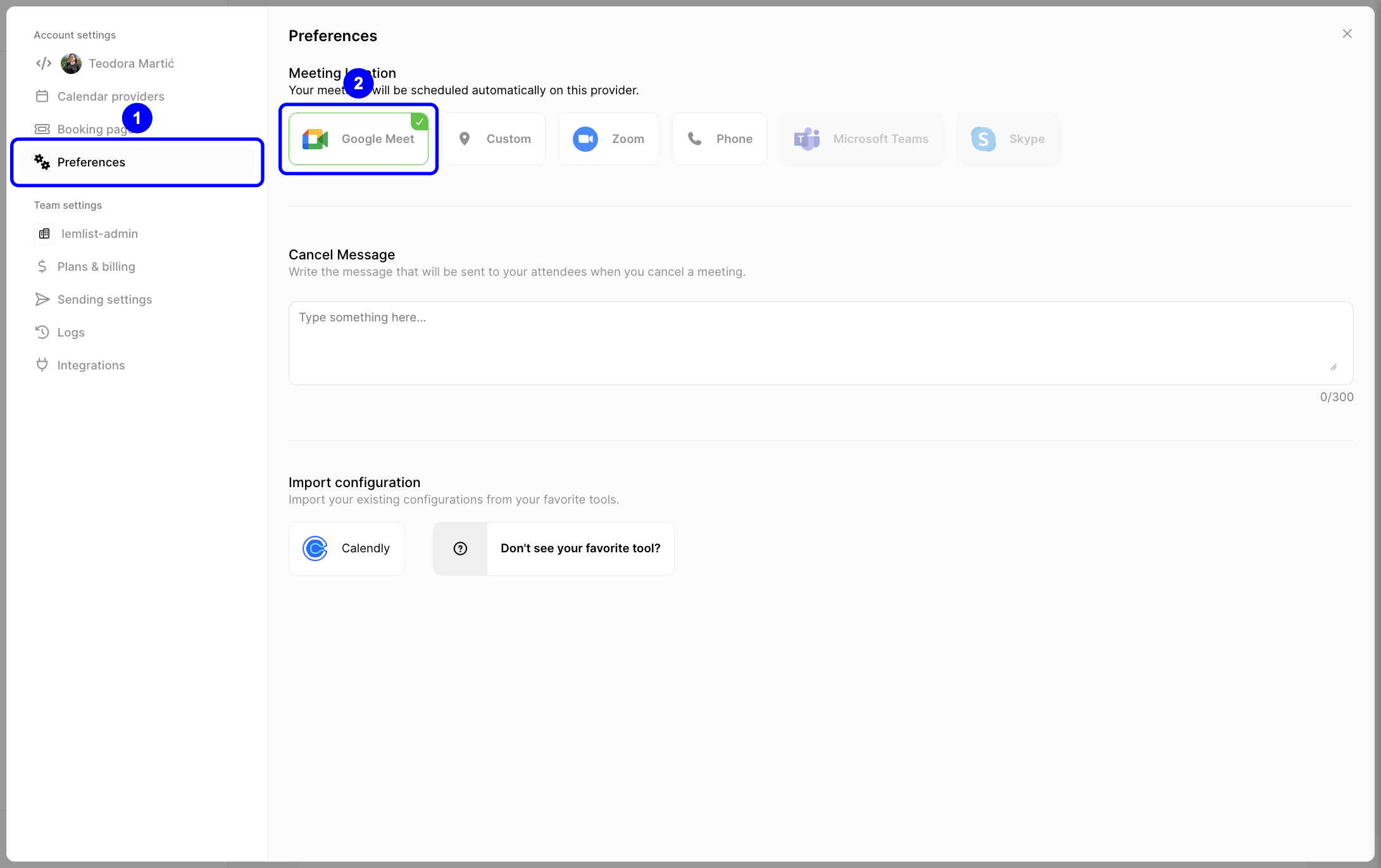 Screenshot showing the Preferences page with Google Meet selected as the meeting location