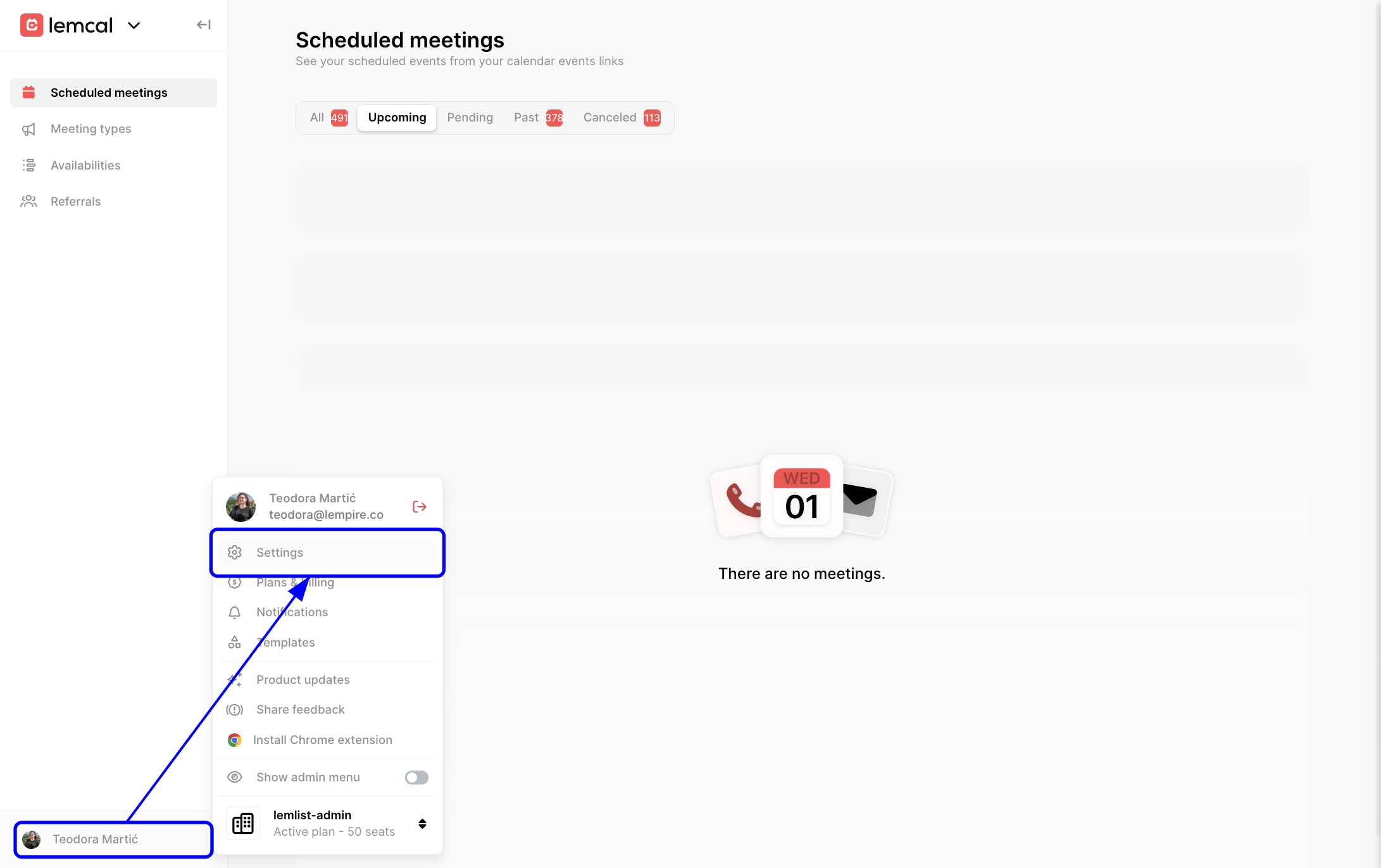 Screenshot showing the account menu in lemcal with Settings selected