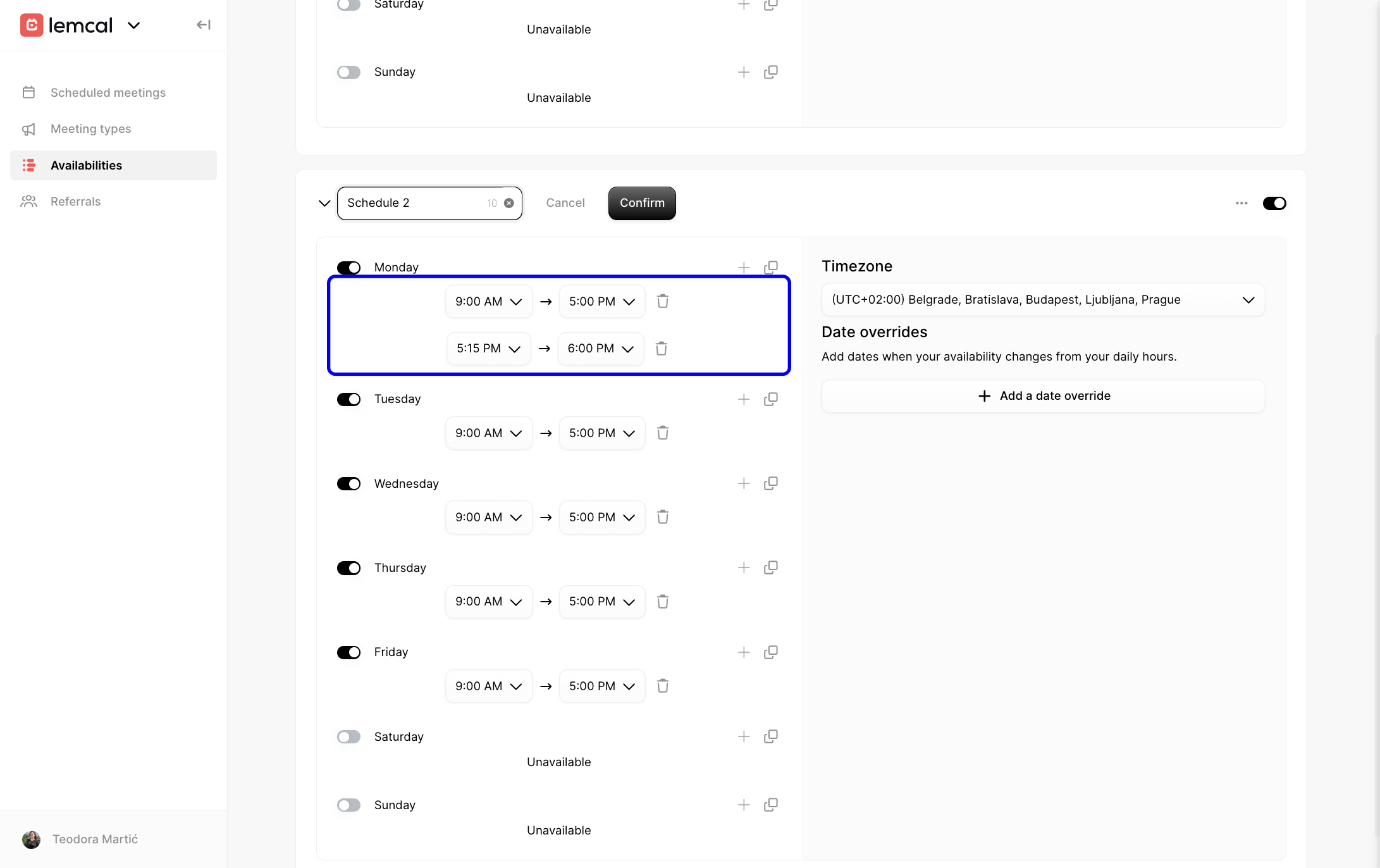 A day showing two separate availability time slots