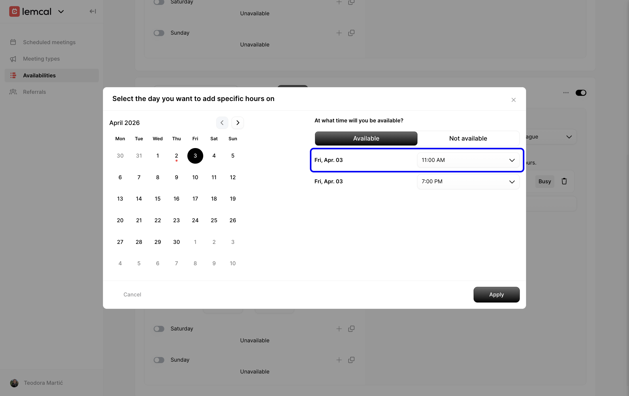 Date override modal with the start time field highlighted