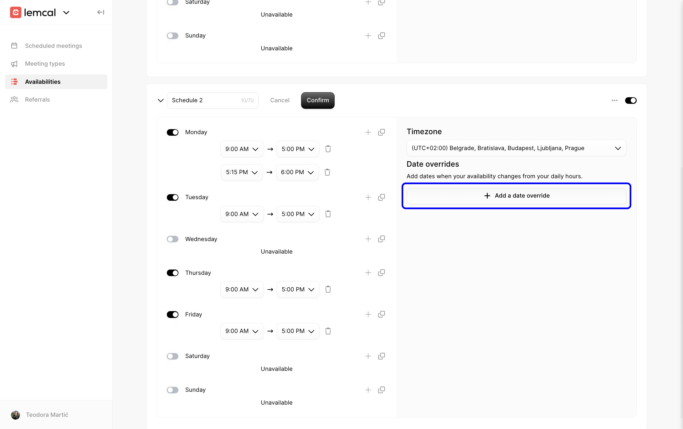 Add a date override button highlighted