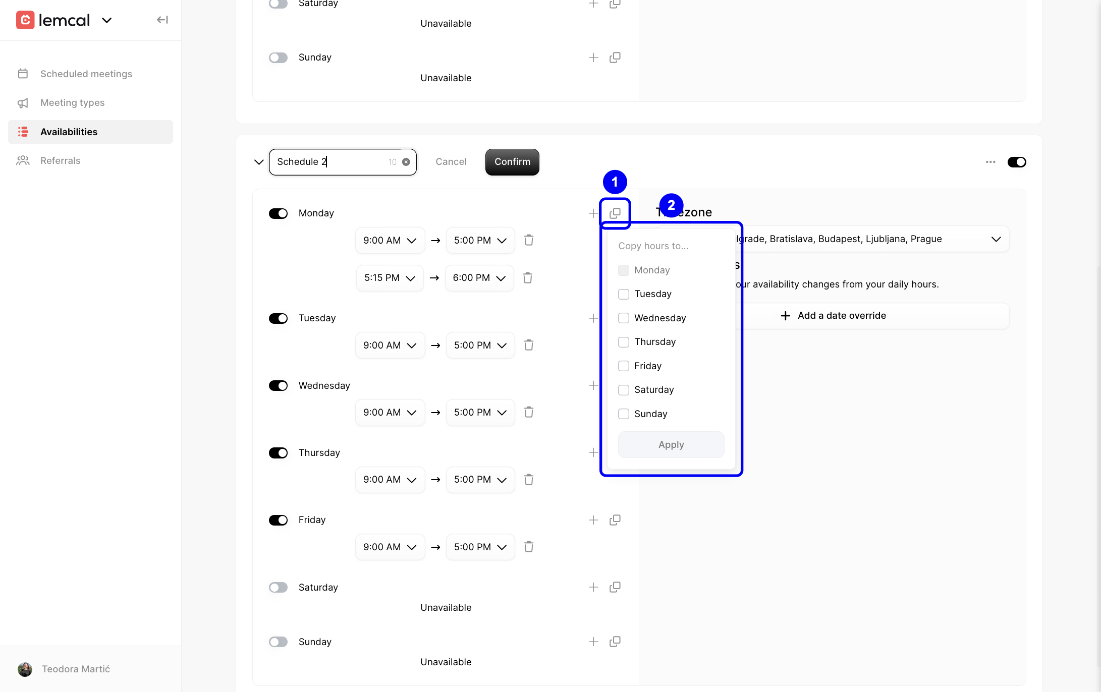 Copy hours menu open with selectable days