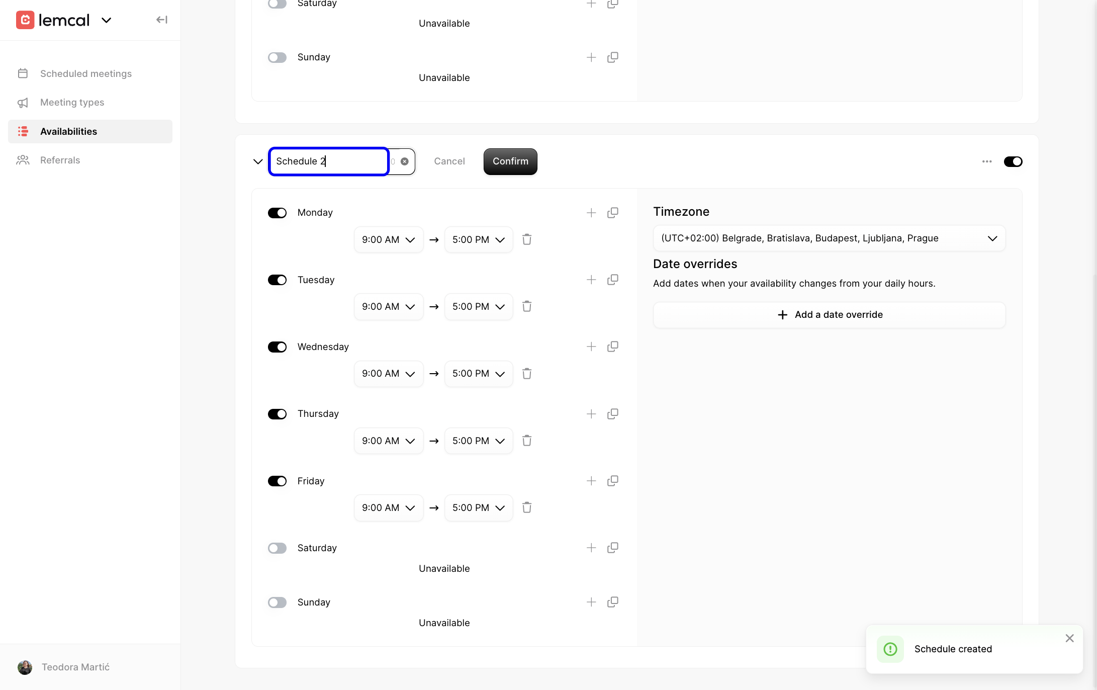 New schedule being renamed before clicking Confirm
