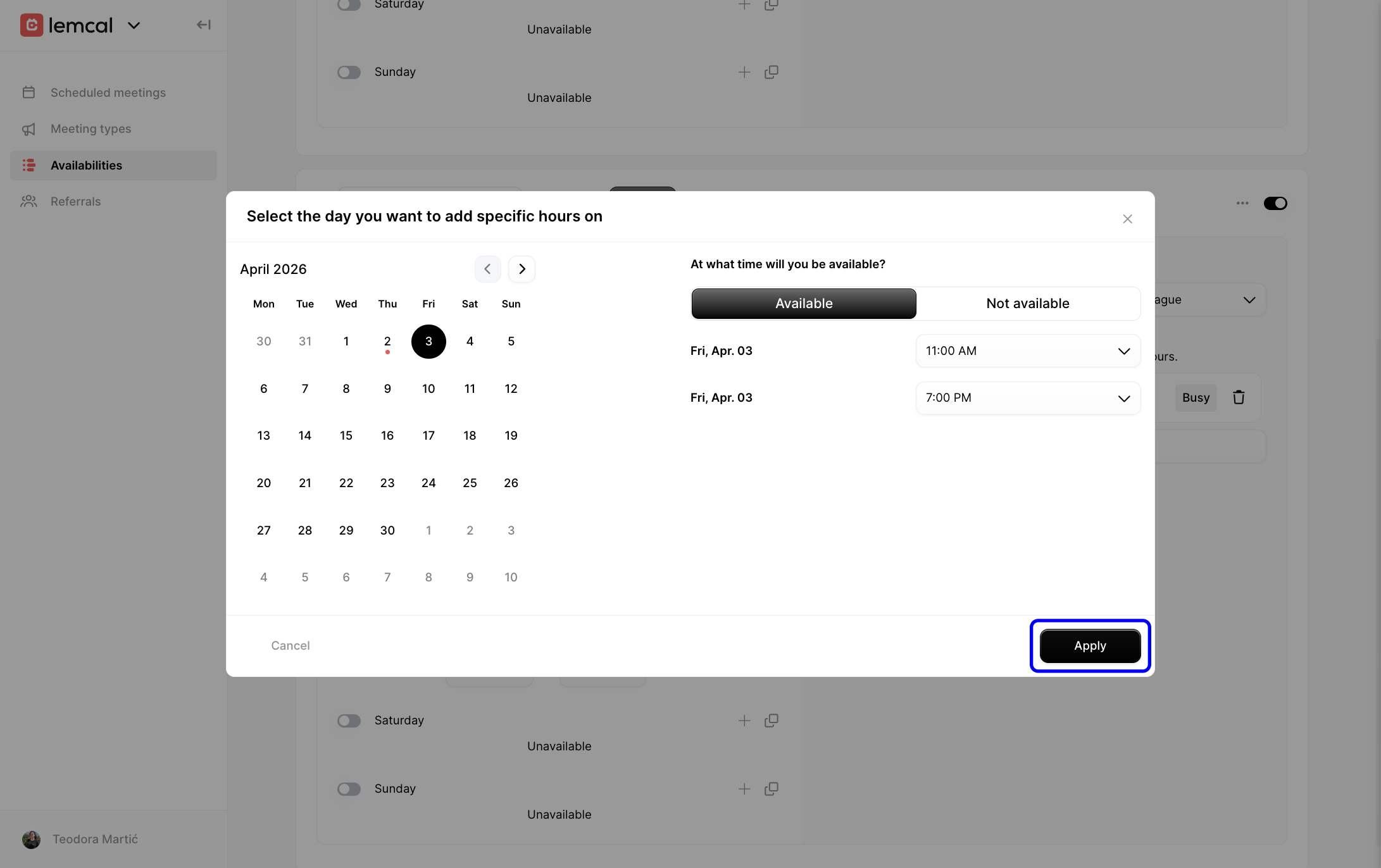 Apply button in the date override modal highlighted