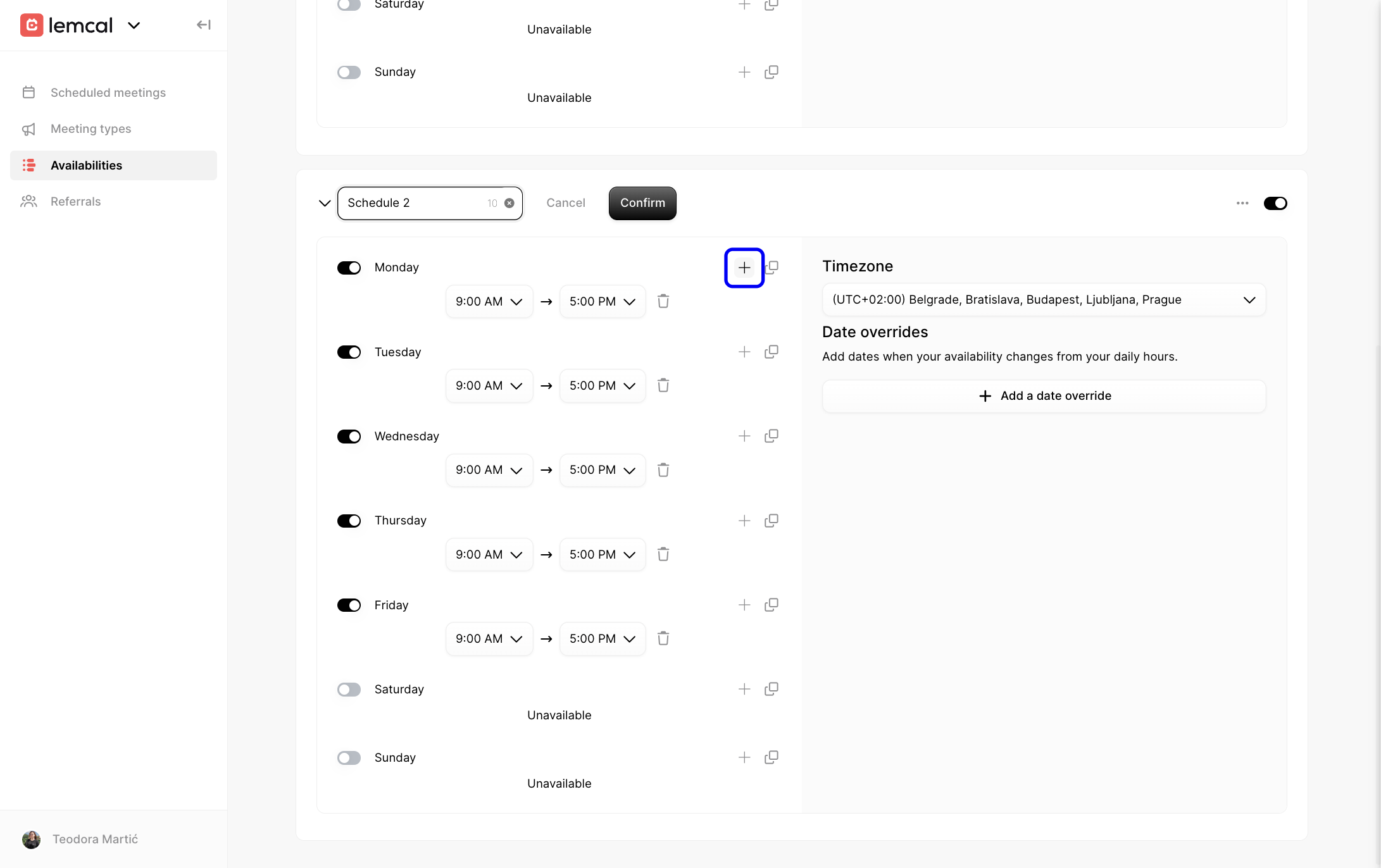 Plus icon for adding another time slot to a day