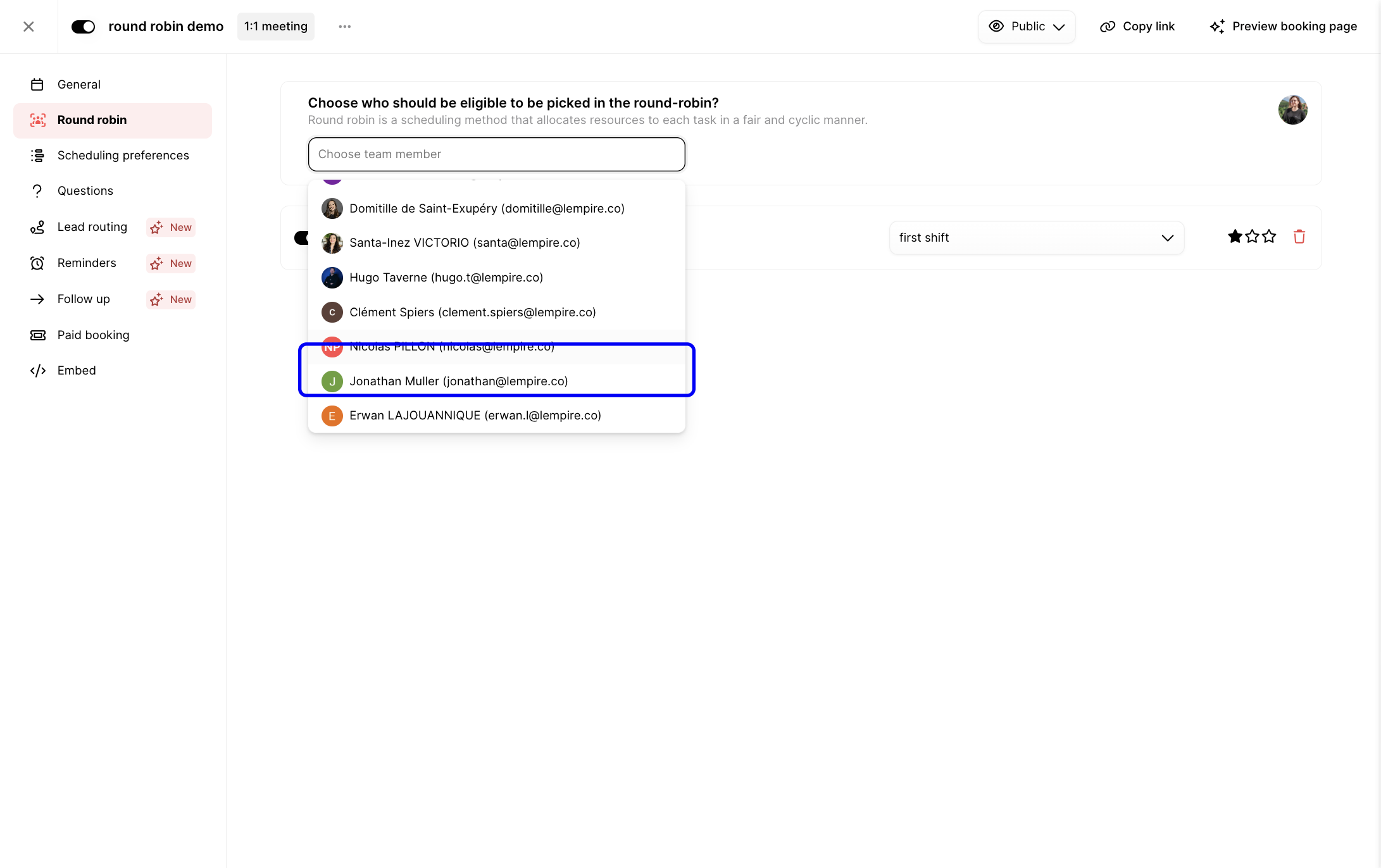 Team member dropdown list for adding hosts to a round robin meeting