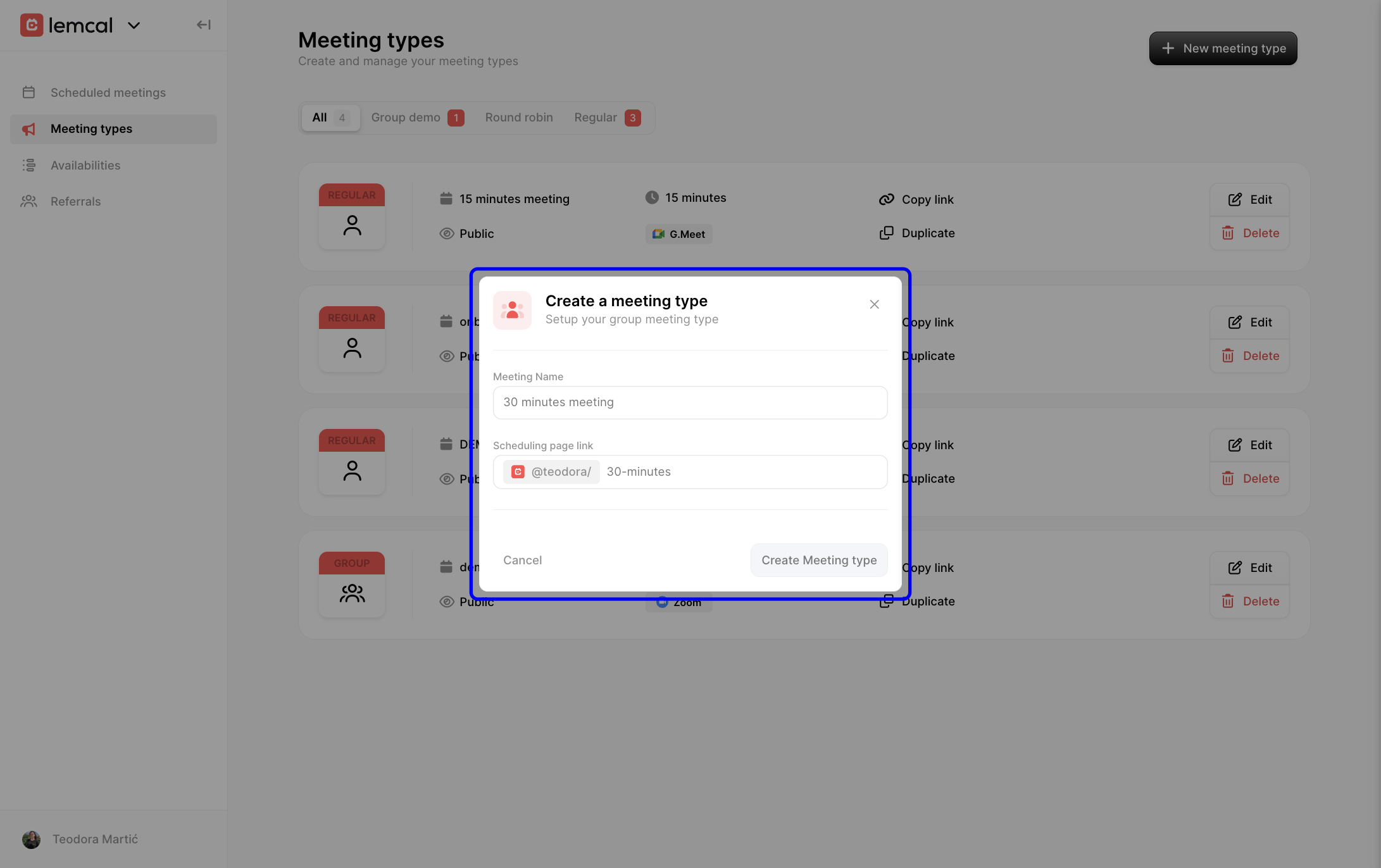 Create a meeting type modal for entering initial meeting details
