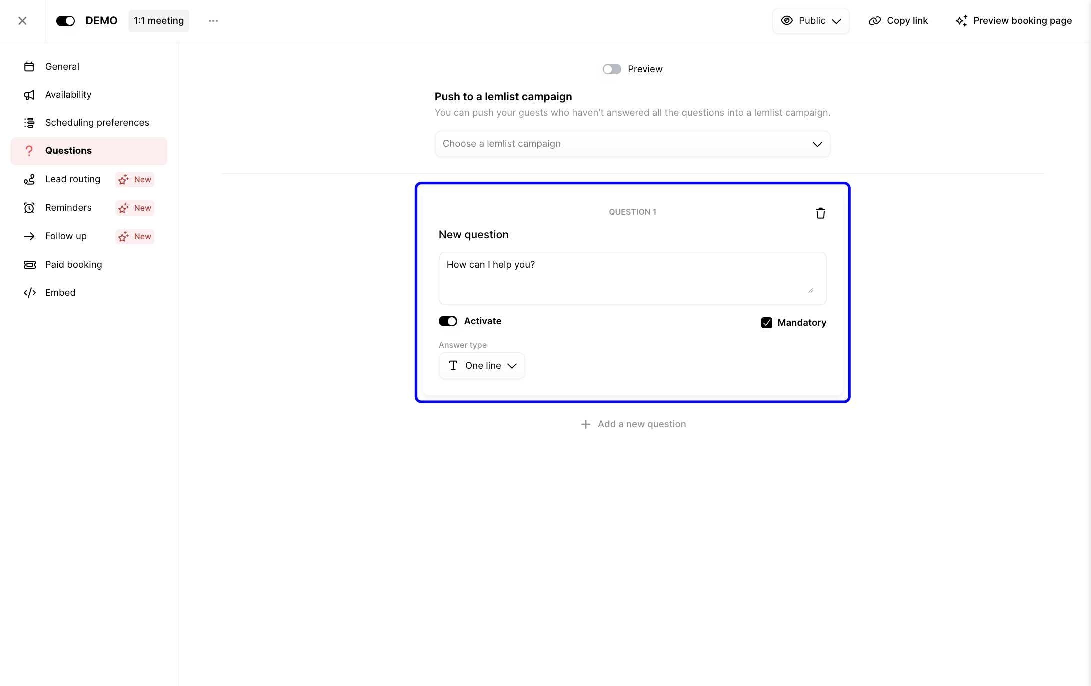 Questions tab showing a question card with text, activation toggle, and answer type
