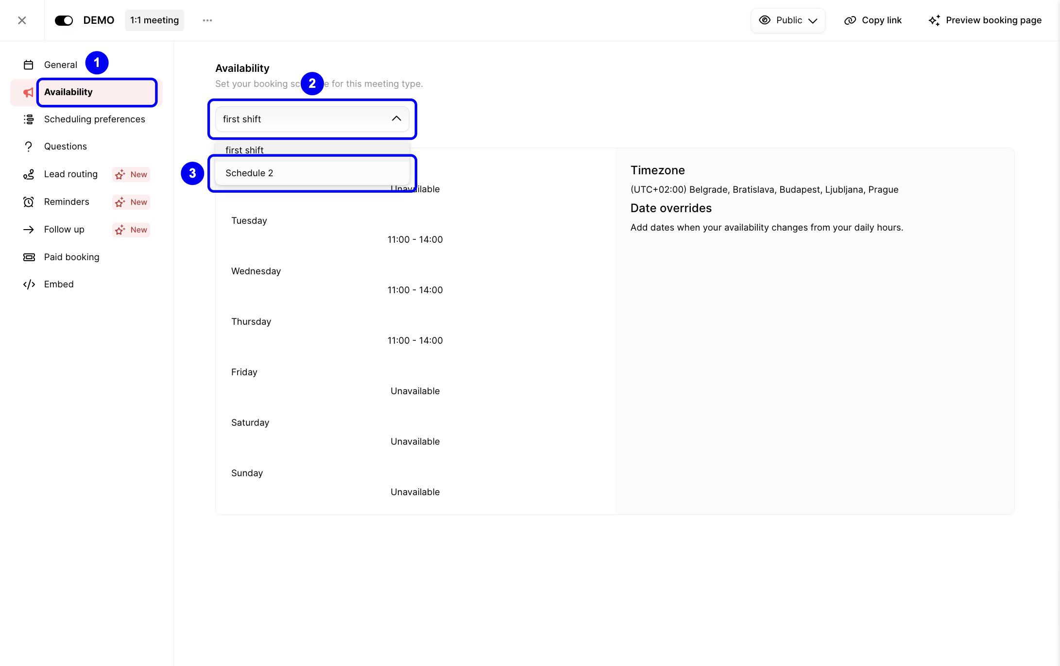 Availability tab showing schedule selection from the dropdown