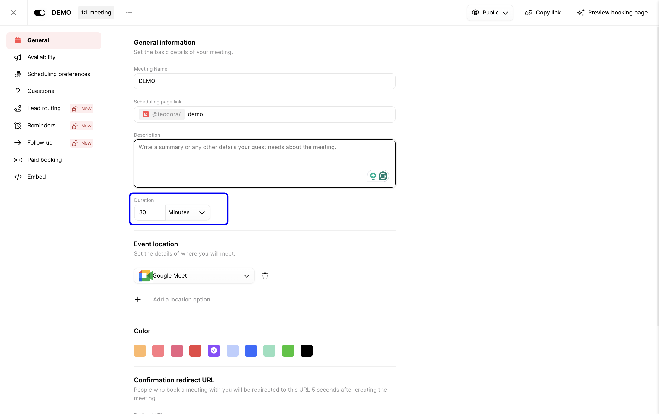 General tab showing the Duration setting