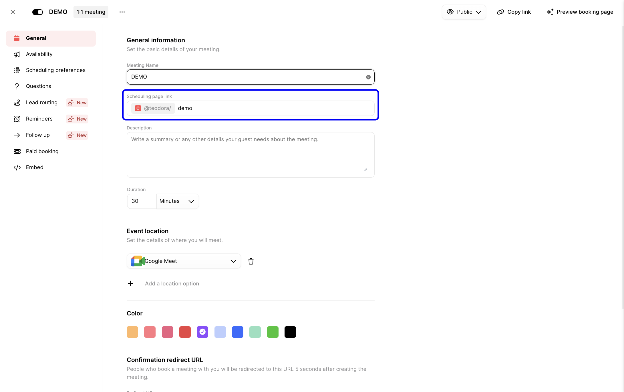 General tab showing the Scheduling page link field