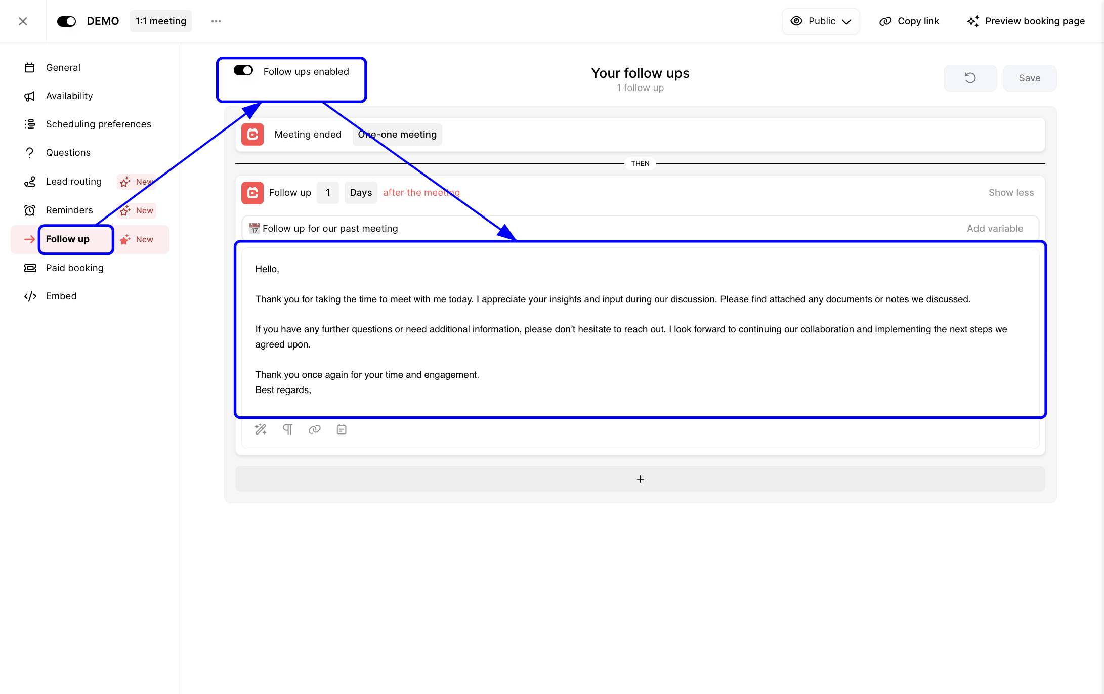 Follow up tab showing follow-up toggle, timing, and email editor