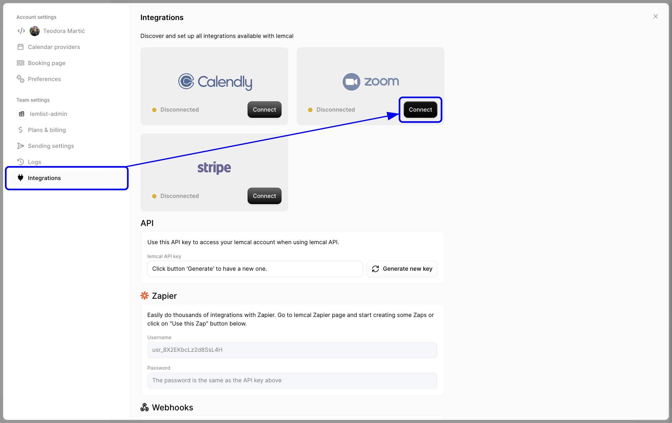 Connect Zoom from the Integrations page in Settings