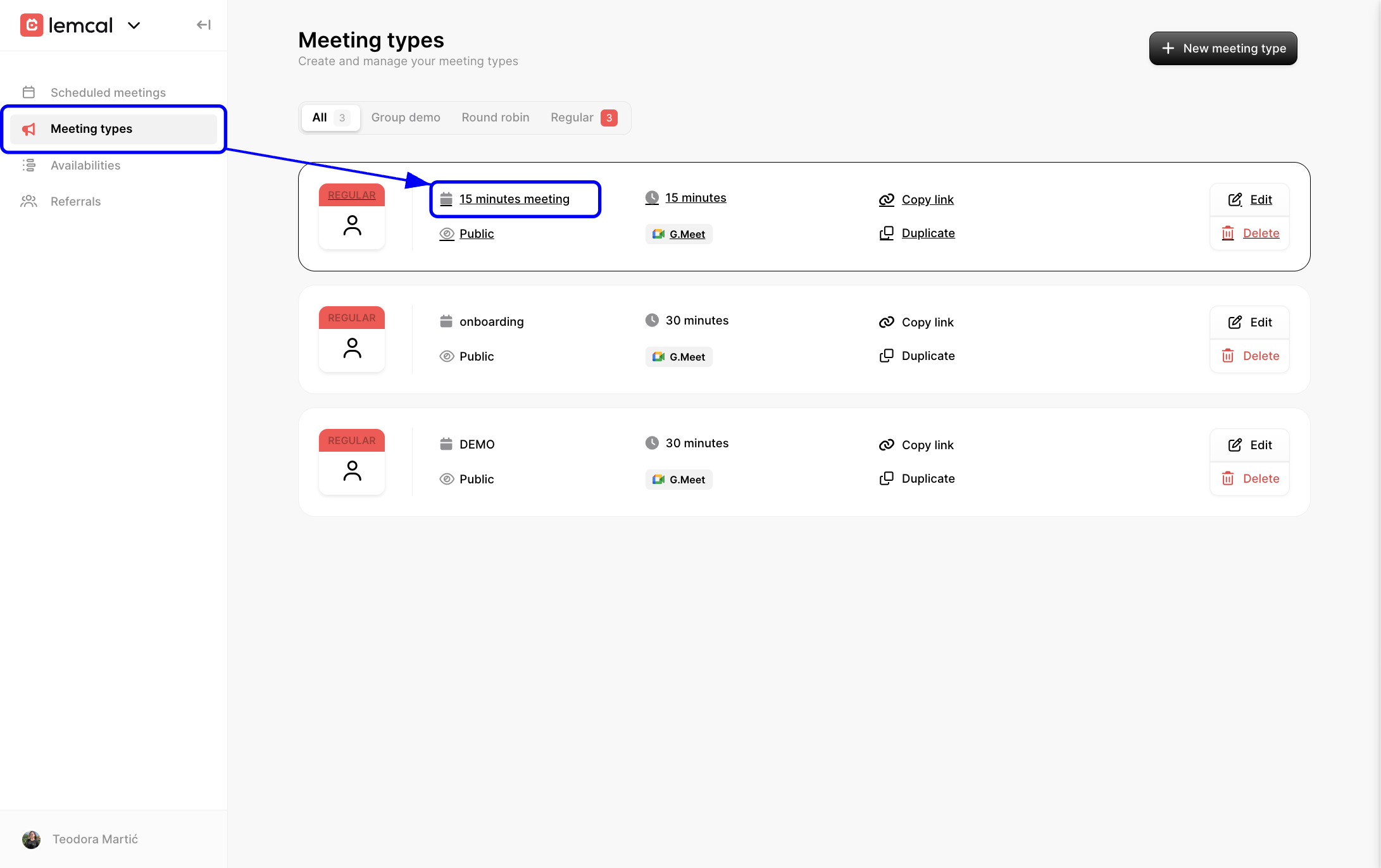Open a specific meeting type from the Meeting types page