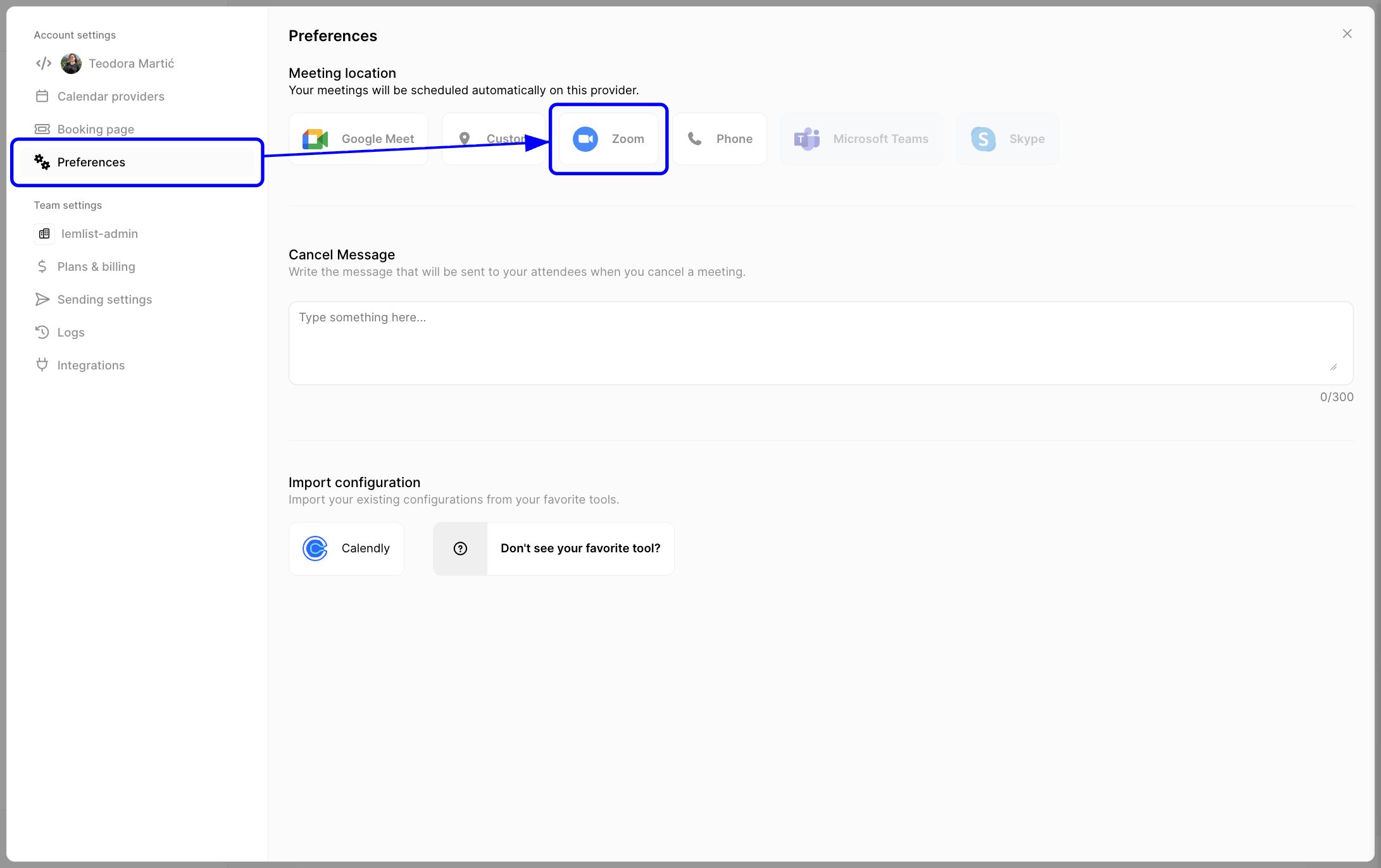 Select Zoom as the default meeting location from Preferences