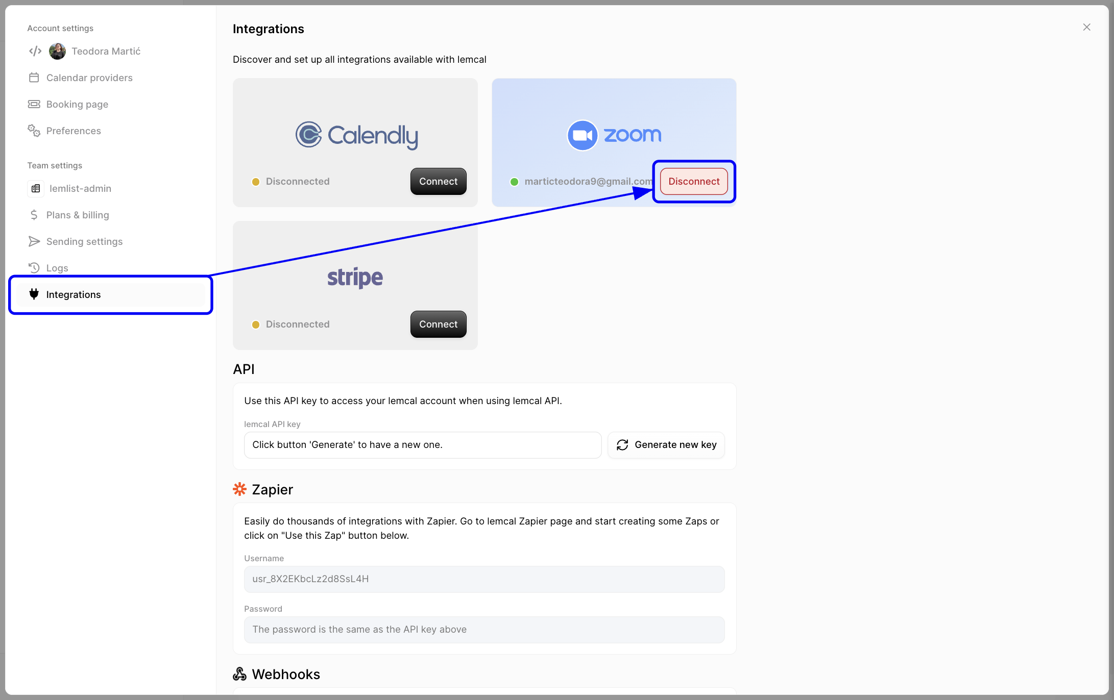 Disconnect Zoom from the Integrations page in Settings